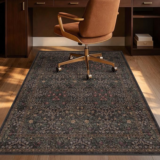 Taupe Brown Office Chair Mat for Hard Wood & Tile Floors, 48x60 Non-Slip Low Pile Under Desk Rug, Washable Floor Protector for Heavy Duty Office Chair, Vintage Traditional Dark Neutral Floral Décor