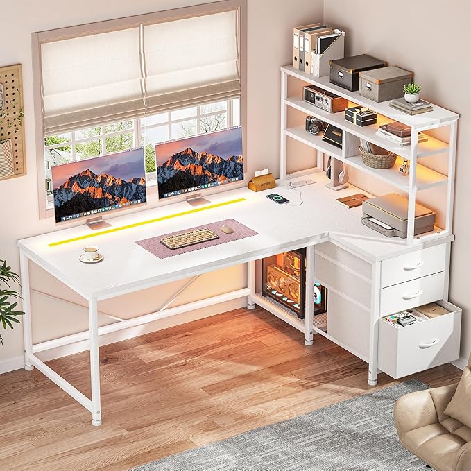 DurayLoly L Shaped Desk Gaming Desk with 3 Silent Fabric Drawers & Shelf, Reversible Corner Desk with Remote LED Lights, Power Charging Station of Home Office Desk,Vanity Desk for Bedroom,White