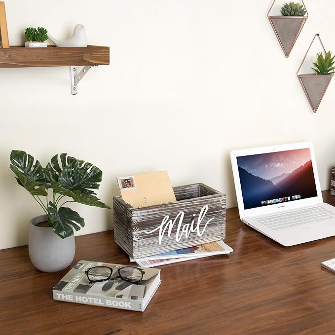 MyGift Mail Holder Storage Organizer Box Torched Wood with MAIL Script Design, Desktop Letters, Bills, Notes and Postcard Bin for Home Office Dorm Room