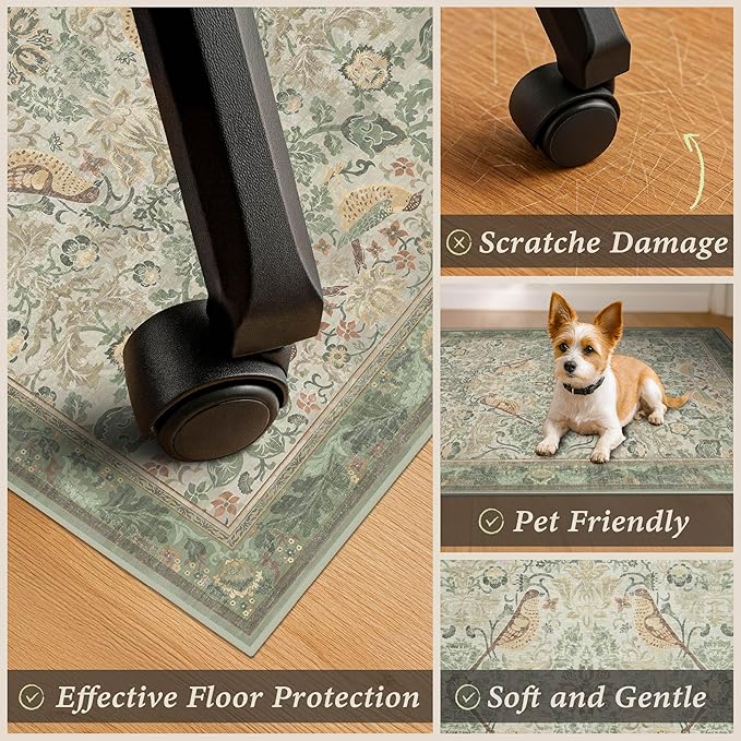 Vintage Farmhouse Office Chair Mat for Hard Wood Floors, Anti-Slip Floral Bird Floor Protector for Heavy Duty Computer Chair, 48"x60" Low Pile Under Desk Rug, Sage Nature Botanical Indoor Décor