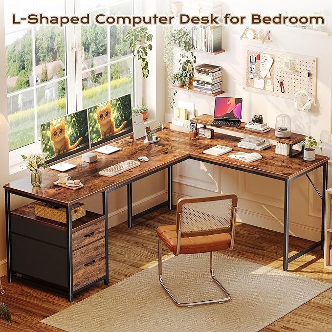PRAISUN 63 Inch L Shaped Desk with Power Outlets and USB-C Port, Computer Corner Home Office Desk with File Fabric Drawers and Movable Monitor Stand, Larger Storage, Gaming, Writing, Rustic Brown