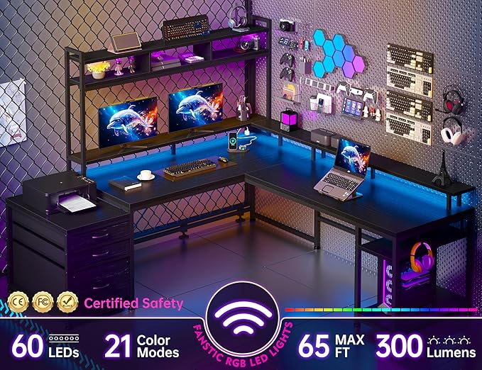 EnHomee 104'' L Shaped Gaming Desk, Reversible Two Person Corner Computer Desk with Power Outlet & LED Lights, Monitor Stand & 3 Drawers, Home Office Workstation for Living Room, Black