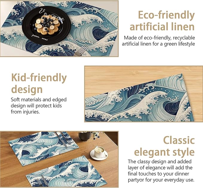Japanese Waves Placemats Set of 6 Linen Table Mats, 12x18 Inch Washable Placemats for Dining Table, Non Slip Heat Resistant Mats for Kitchen Home Decor