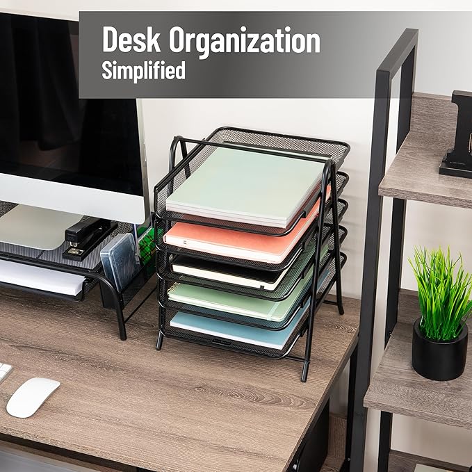 Mind Reader 5-Tier Paper Tray, Desktop Organizer, File Storage, Office, Metal Mesh, 11.75"L x 14"W x 15"H, Set of 2, Black