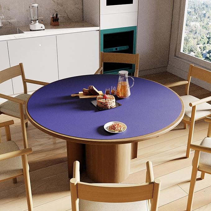 CENNBIE 54 Inches Round Table Pad - Cork & Leather Table Mat - Suitable as Side Dining Coffee Table Cover Protector - Can Be Cut to Fit (42"-54", Blue)