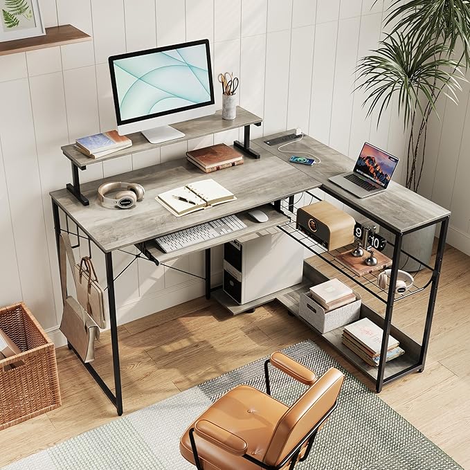 L Shaped Gaming Desk with Power Outlets & RGB Lights, 46'' L- Shaped Desk Computer Corner Desk with Monitor Stand & Storage Shelf & Hook, Home Office Desk Writing Desk, Grey