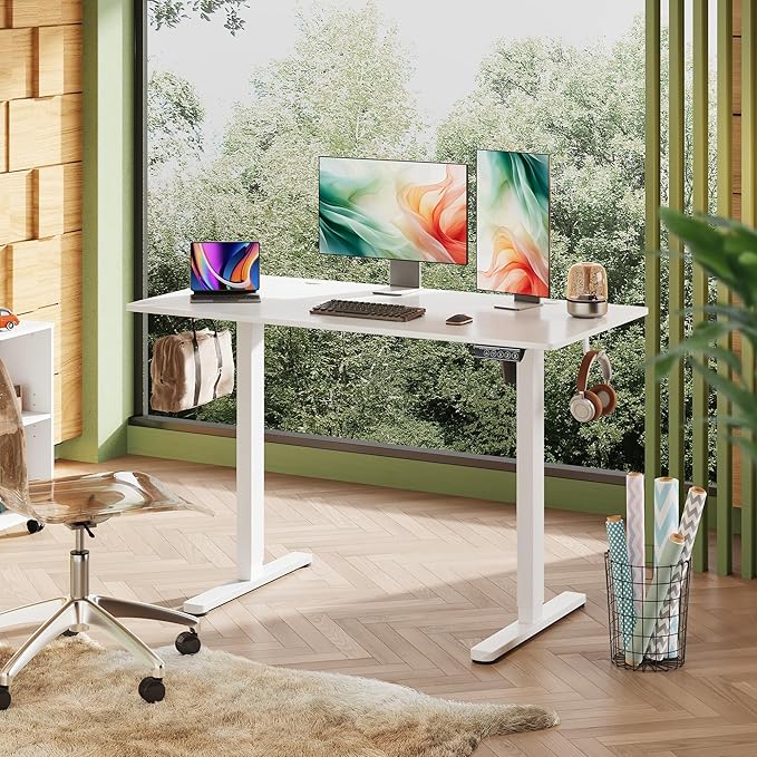DEVAISE 48 Inch Electric Standing Desk, 3 Adjustable Computer Desk for Home Office, Ergonomic Sit to Stand Desk with LED Touchscreen，Headphone Hook, 3 Memory Preset, with One-Piece Desktop, White