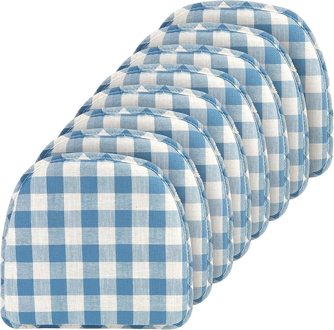 Klear Vu The Gripper Non-Slip Linen Check Dining Kitchen Chair Pads, 15" x 16" x 2", Set of 8, Liza Check Blue