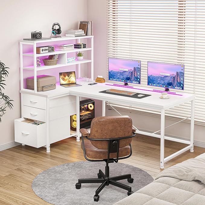 DurayLoly 55''L Shaped Desk Gaming Desk with 3 Fabric Drawers & Shelf, 55 Inch Computer White Desk with Remote LED Lights, Power Outlet of Corner Desk for Home Office,Vanity Desk for Bedroom,White