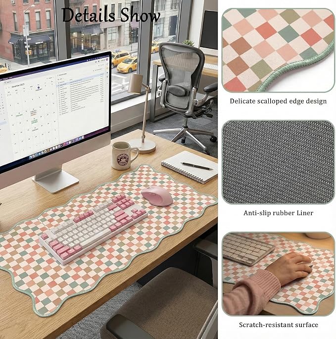 Scalloped Desk Mat Extended Large Cute Mouse Pad XXL Aesthetic Desk Pad Boho Plaid Mousepad Retro Beige Checkered Mouse Pad for Keyboard Computer Stitched Edges Non-Slip Home Office 35.4X15.7Inch