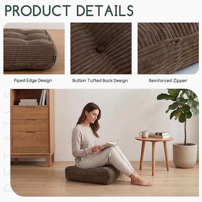 HIGOGOGO Tufted Corduroy Recliner Seat Cushion for Elderly, 20x20x5 Inch Large Square Seat Cushion for Recliner Chair, Floor Pillow, Office Chair, Car, No Pressure on Thighs, Brown