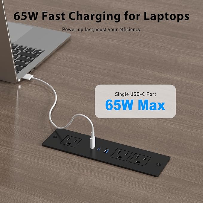 Drawer Outlet Kit with 65W USB C Fast Charging Station, HEZI Recessed Power Outlet with 3 USB Ports & 3 AC Outlets, Furniture Flush Mount Power Strip for Home Office 6ft Cord
