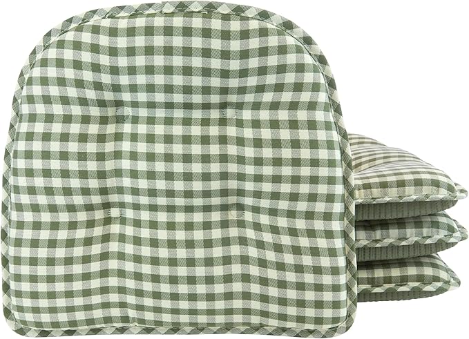 Klear Vu Omega Non-Slip Chair Cushions, Assembled in USA, U-Shaped Skid-Proof Seat Pads for Dining Room, Kitchen, Office, 15"x16" 4 Pack Gingham Pine 4 Count