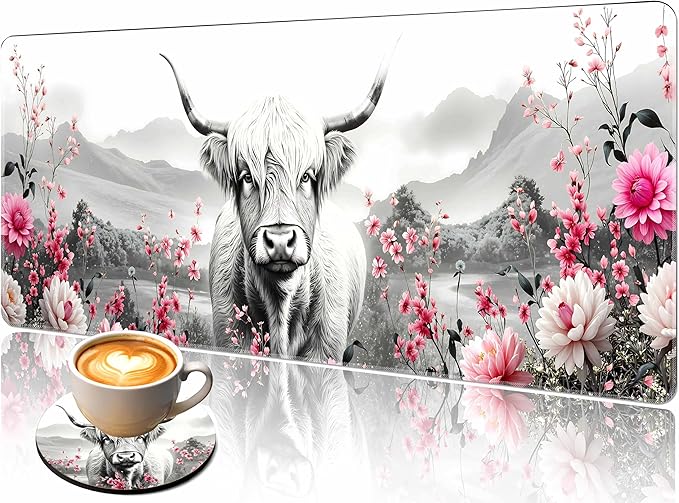 Extended Large Mouse Pad 31.5 x 11.8 Inches – AiLiTeck Premium Desk Mat Mousepad with Stitched Edges, Waterproof, Non-Slip Rubber Base for Office Home, Includes Coaster–Highland Cow Floral