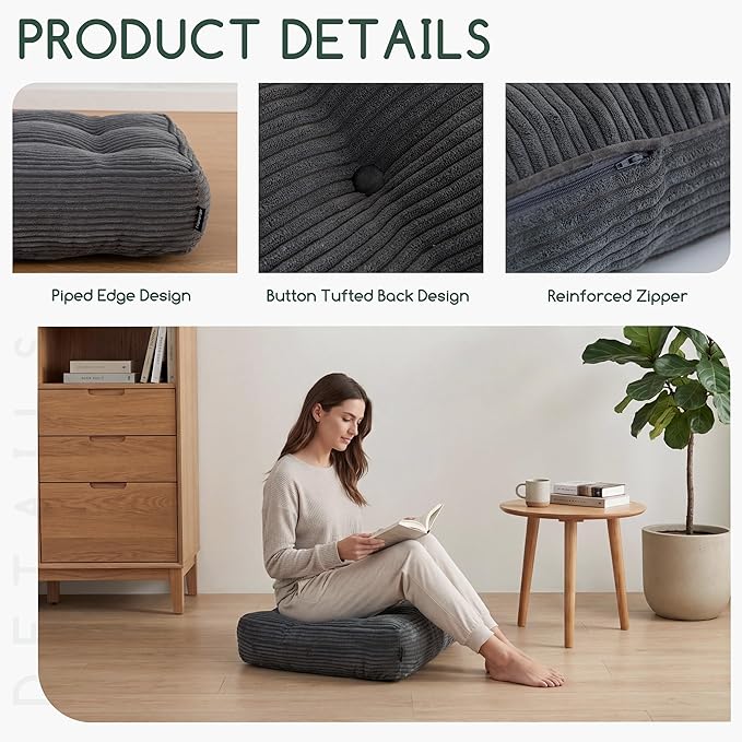 HIGOGOGO Tufted Corduroy Recliner Seat Cushion for Elderly, 20x20x5 Inch Large Square Seat Cushion for Recliner Chair, Floor Pillow, Office Chair, Car, No Pressure on Thighs, Dark Grey