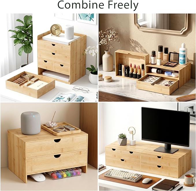 Desk Organizer with Drawers - Bamboo Desktop Organizer Storage | Wood Desk Drawers Organizer for Bills, Office Supplies, Cosmetics, Seals No Assembly Required (2 Drawer)