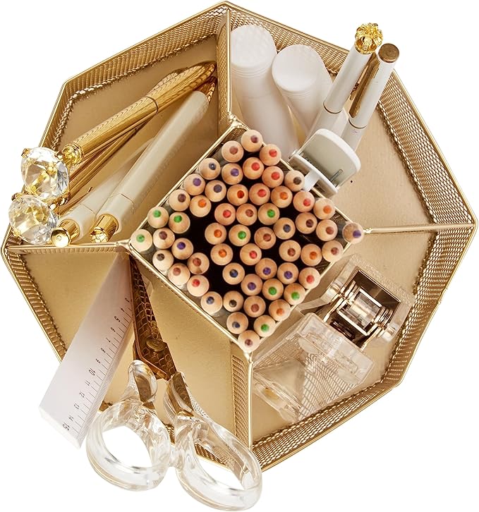 Annova Mesh Desk Organizer Rotate with 5 Compartments Spinning Tidy Candy/Pen Holder Office, Art Supply, Storage, Classroom, Home (Gold)