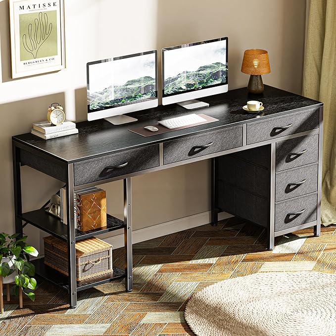 Huuger Computer Desk with 6 Drawers, Office Desk with Shelves, Reversible Gaming Desk, Corner Desk with Storage, Work for Home Office, Study, Living Room, 54inch, Black