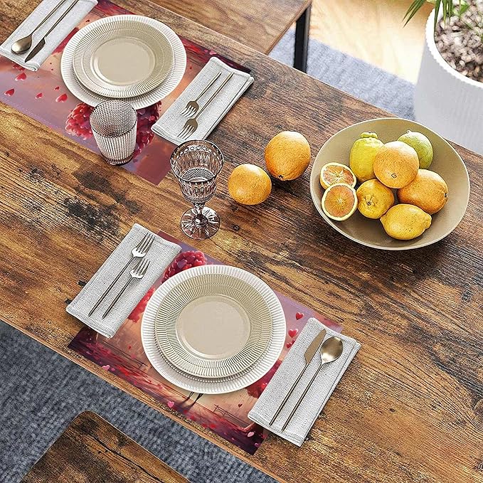 Linen Placemats Set of 6, Red Love Haert Washable Table Mats 12x18 Inch, Heat Resistant Non Slip Placemats for Dining Table Kitchen Everyday Use