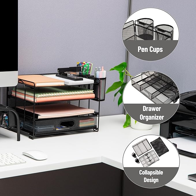Mind Reader Mesh Desk Organizer, 3 Trays, 1 Drawer, 2 Pen Holders, Office Desktop Organizer, Metal Mesh, Black