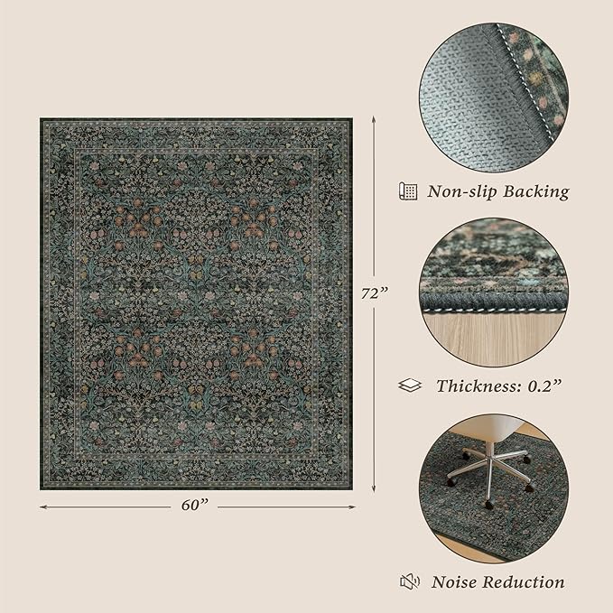 JTJ Washable Vintage Floral Office Chair Mat for Hardwood & Tile Floor, Non-Slip Ultra Soft Low Pile Under Desk Rug for Protecting Floor, Dark Green, 5' x 6'