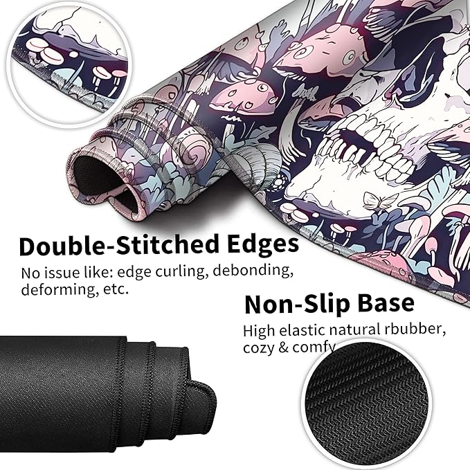 Extended Mouse Pad with Coaster 31.5 x 11.8 Desk Pad Full Desk Mousepad Stitched Edges Desk Mat Long Large Gaming Mouse Pad for Desk Office Home Floral Skull