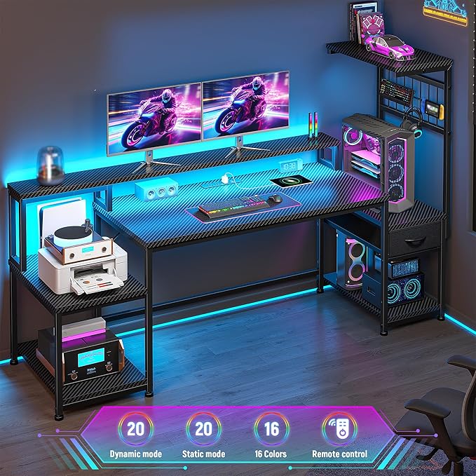 DurayLoly 63" Gaming Desk with LED Lights & Outlets,Computer Desk with Drawers & Monitor Stand,Gaming Table with 3 Storage Shelves, Hooks& Printer Space for Game&Study Room,Home Office,Bedroom,Black