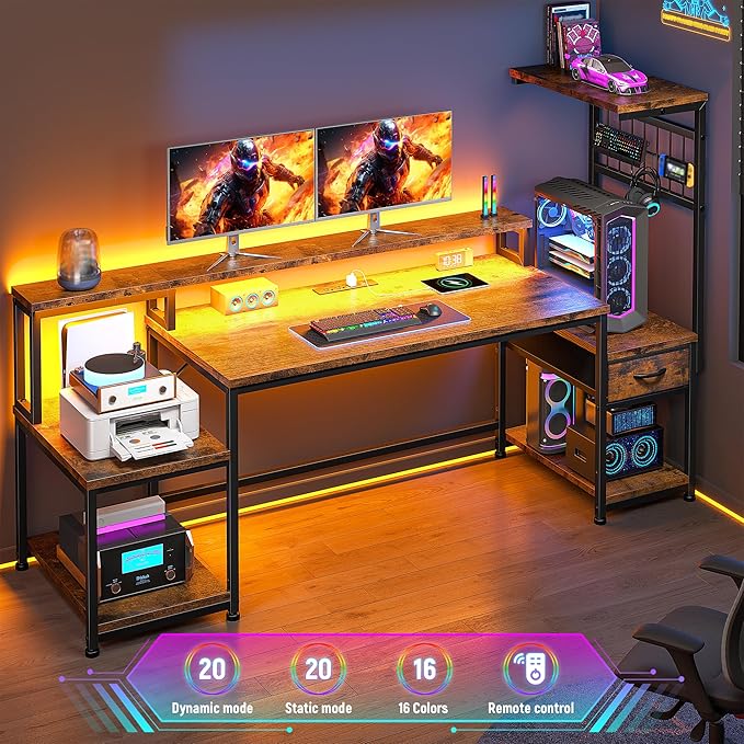 DurayLoly 63" Computer Desk with LED Lights & Outlets,Office Desk with Drawers & Monitor Stand,Gaming Desk with 3 Storage Shelves, Hooks& Printer Space for Game&Study Room,Home Office,Bedroom,Brown