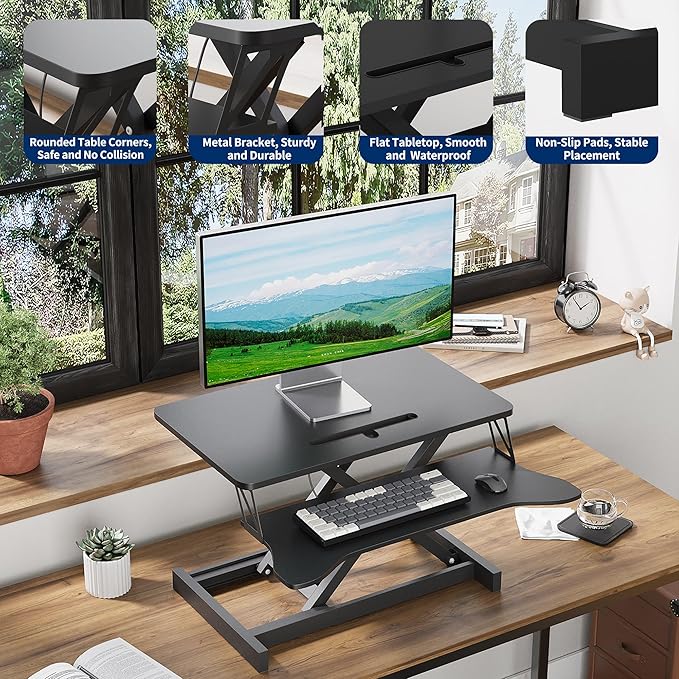 Panana Standing Desk Converter, Height Adjustable Sit to Stand Up Workstation, Dual Monitor and Laptop with Wide Keyboard Tray for Home Office (25.6")