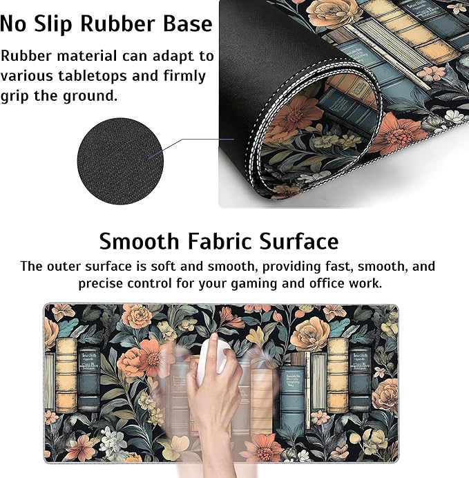 Books and Flowers Mouse Pad,35.4 x 15.7 Inch Large Mouse Mat Non-Slip Rubber Stitched Edges for Writing Desk,Office,Home,Laptop