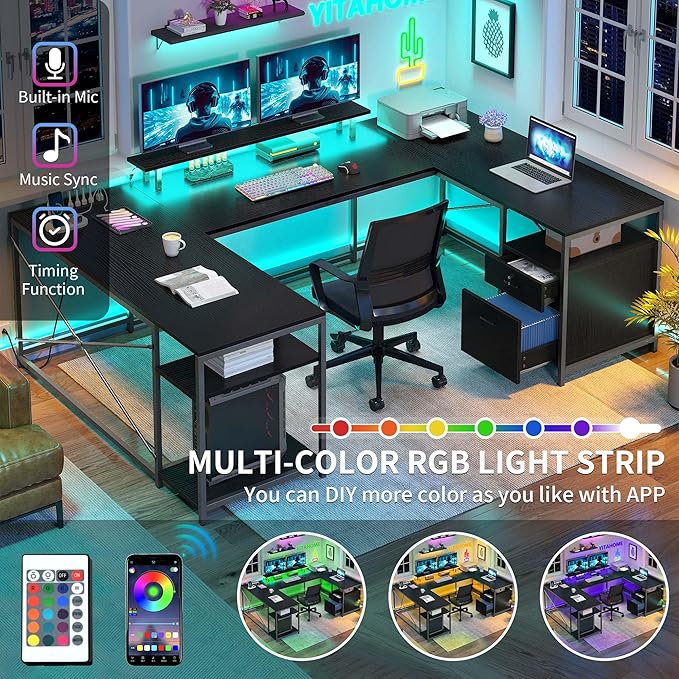 YITAHOME U Shaped Desk with Power Outlets & LED Lights, 79" Reversible L Shaped Desk with Drawers, Corner Computer Desk Office Desk with Monitor Stand & Storage Shelves, Black