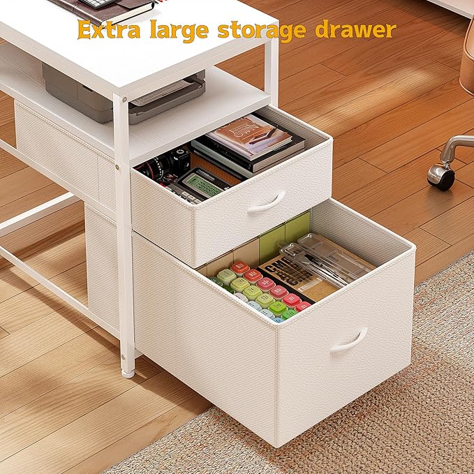 DurayLoly 63" L Shaped Desk with Monitor Stand & CPU Stand, Reversible Computer Desk with 6-Tier Shelves& 2 Fabric Drawers, Ergonomic Desk with Power Outlet & LED Lights for Home Office,White