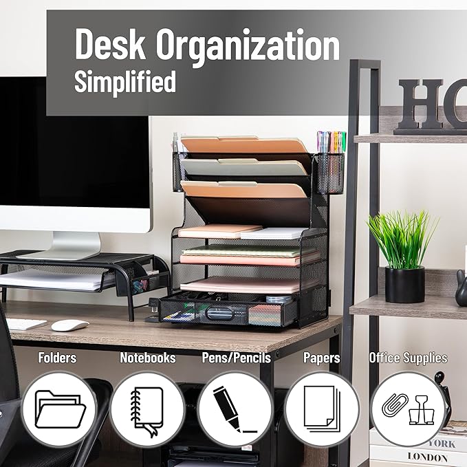 Mind Reader Mesh Desk Organizer, 6 Compartments, 1 Drawer, 2 Pen Cups, Office Desktop Organizer, Metal Mesh, Black