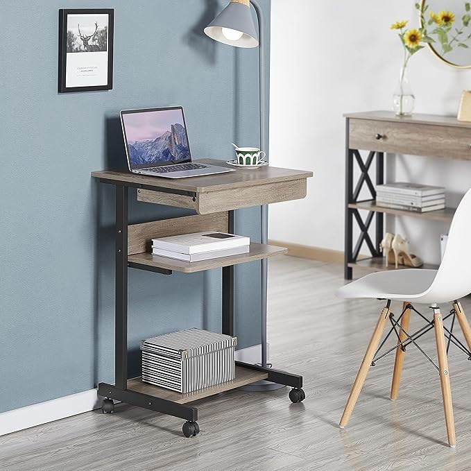 Topeakmart Gray Art Deco Desk, Rolling Computer Desk Cart with Drawer, Small Space Solution for Writing, Laptop, PC, 22 x 20.1 x 31.5 inches