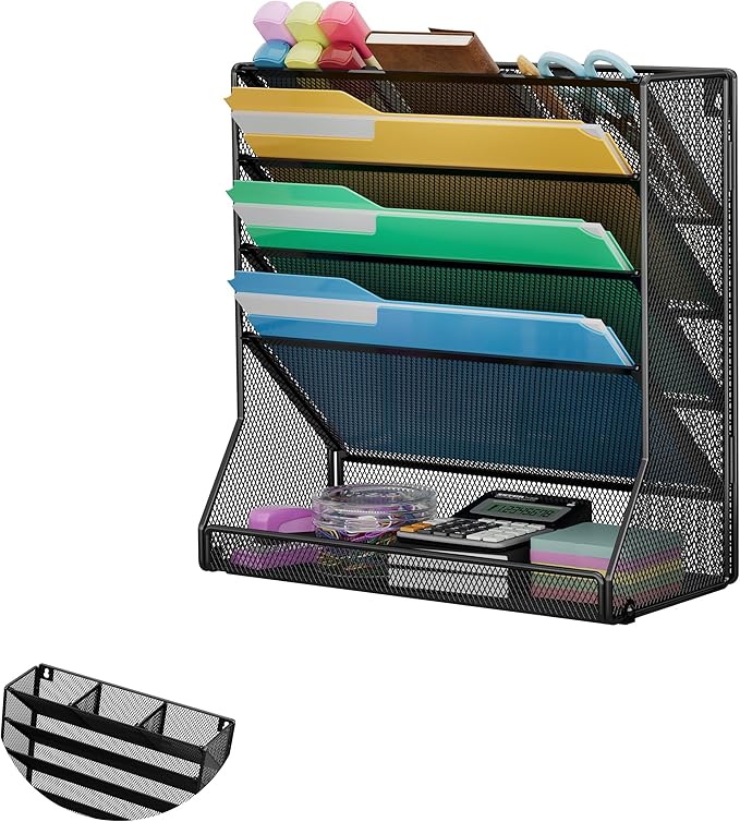 Jakyitvi File Organizer Wall Mounted 5 Tiers, Durable Adjustable Metal Vertical Hanging, Stable R-Shaped Bottom 4 Pull-Out Deviders to Sort File,Mail,Newspaper,Pen, Suitable for Office,Black