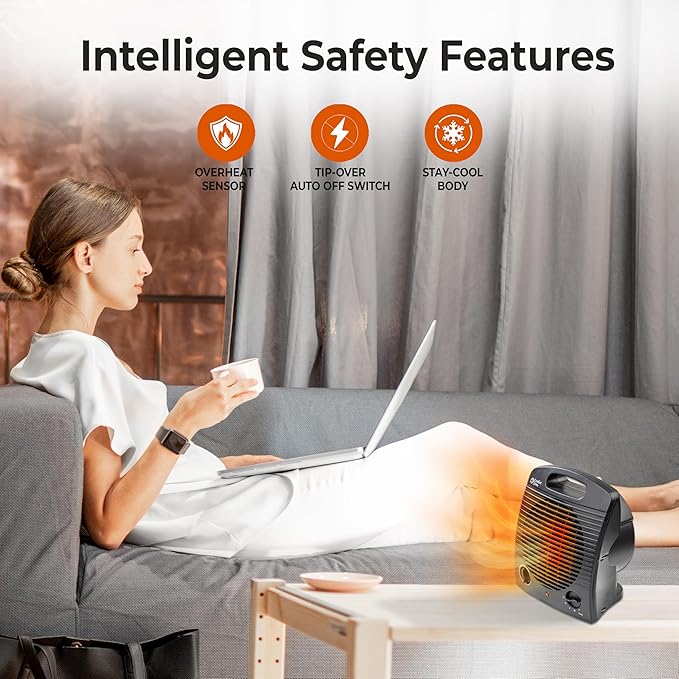 Comfort Zone Indoor Space Heater, Portable, Fan Forced, Electric, Adjustable Thermostat, Overheat Sensor, Safety Tip-Over Switch, & Stay Cool Housing, Ideal for Home, Bedroom, Office, 1,500W, CZ35EBK
