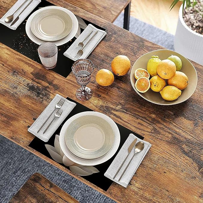 Placemats Set of 6, Lotus Flower Linen Placemats 12x18 Inch, Heat Resistant Table Mats, Washable Non Slip Place Mats for Dining Table Kitchen Home
