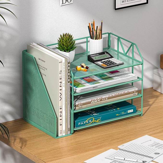 4-Tier Paper File Organizer with Drawer, Metal Desk Organizer, Tiered Paper Tray for Letter/A4 Files, Desktop Office Supplies Storage Rack, Green