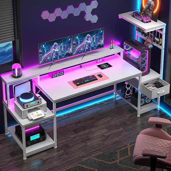 DurayLoly 63" Computer Desk with LED Lights & Outlets,Office Desk with Drawers & Monitor Stand,Gaming Desk with 3 Storage Shelves, Hooks& Printer Space for Game&Study Room,Home Office,Bedroom,White