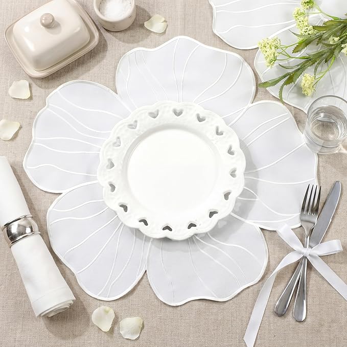 Moukeren Set of 6 Elegant Floral Placemat 16'' Flower Shaped Place Mat Flower Embroidery Table Mat for Wedding Bridal Shower Baby Shower Tea Party Kitchen Dining Table Decor(White)