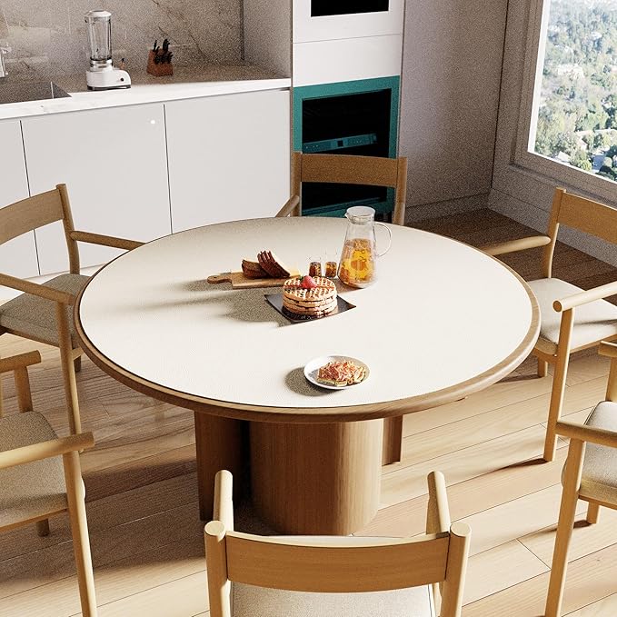 CENNBIE 54 Inches Round Table Pad - Cork & Leather Table Mat - Suitable as Side Dining Coffee Table Cover Protector - Can Be Cut to Fit (42"-54", Cream)