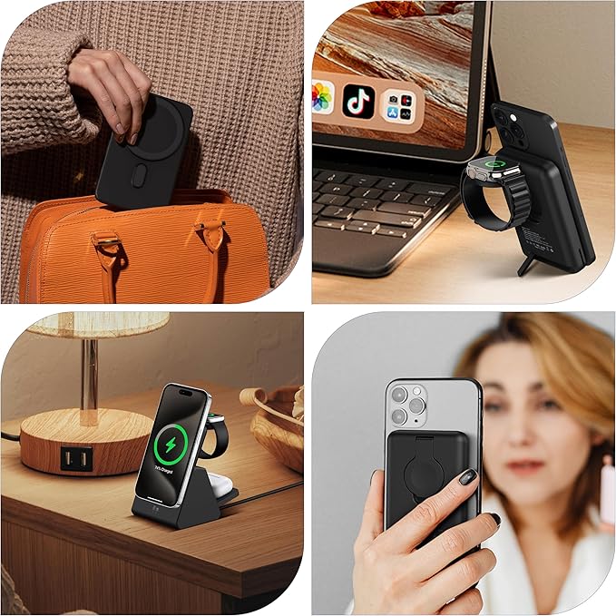 Smtcsl 3-in-1 Wireless Charging Station: Portable 5000mAh Power Bank Charger Compatible for Phone Air/17/16/15/14/13/12 Series and Watch - Detachable Magnetic Charging Stand Black