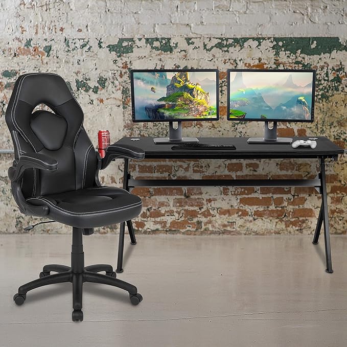 EMMA + OLIVER Black/Gaming Desk Bundle - Cup & Headphone Holders/Mouse Pad Top