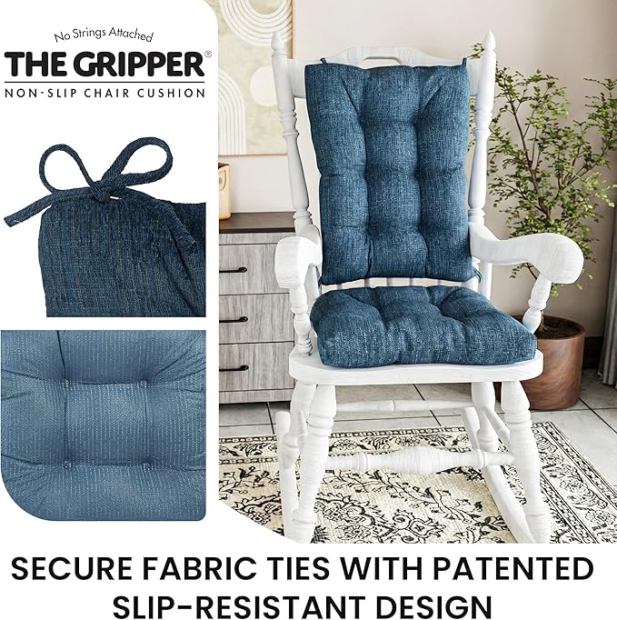 The Gripper Twill Jumbo XL Non-Slip Rocking Chair Cushion Set with Thick Padding, Includes Seat Pad & Back Pillow with Ties for Indoor Living Room Rocker, 17x17 Inches, 2 Piece Set, Sapphire