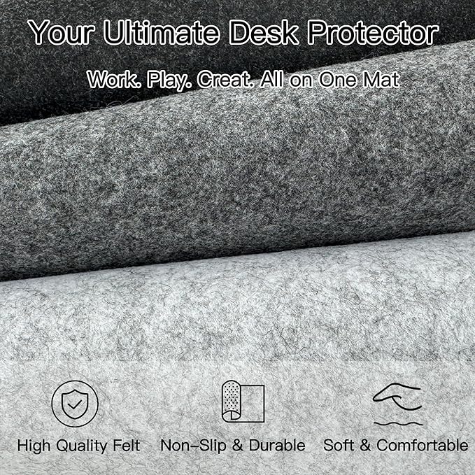 Large Felt Desk Mat, 35.4"x15.4" Felt Desk Pad - Non-Slip Keyboard Mat & Mouse Pad for Office and Gaming, Water Resistant Desktop Protector for Computer, Home, Work (Black Gray)