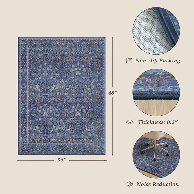 36"x48" Boho Dark Blue Office Desk Chair Mat for Hardwood Floor, Under Desk Rug with Non-Slip Rubber Backing, Small Computer Chair Rug for Heavy Duty Office Chair, Machine Washable (3x4 Navy Blue)