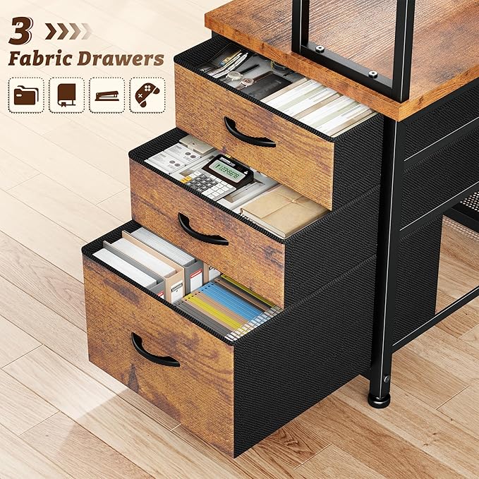 DurayLoly 55 Inch Computer Desk with 3 Fabric Drawers & 3 Shelves, Reversible L Shaped Desk Office Desk with Remote LED Lights, Power Outlet for Gaming Desk, Corner Desk for Bedroom,Dorm, Brown