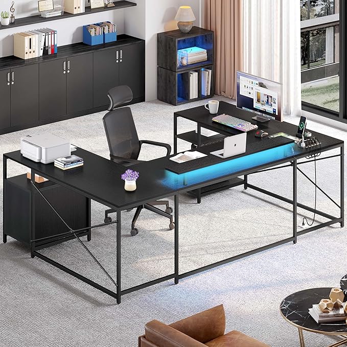 YITAHOME U Shaped Desk with Power Outlets & LED Lights, 79" Reversible L Shaped Desk with Drawers, Corner Computer Desk Office Desk with Monitor Stand & Storage Shelves, Black
