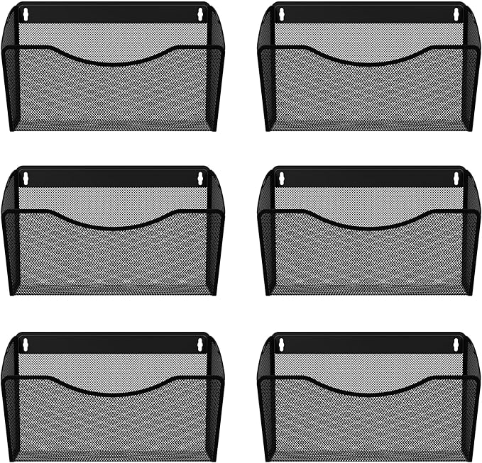 EasyPAG 6 Pack Wall File Organizer, Metal Mesh Hanging File Folder Holder for Letter/A4 Size Folders, Vertical Wall Mount Mail Sorter for Office Paperwork, Classroom, Black