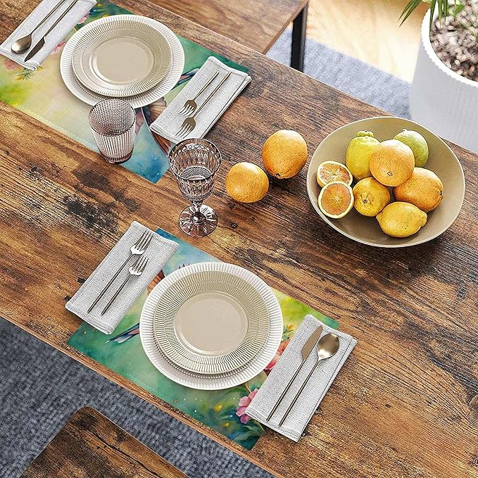 Watercolor Hummingbird Flowers Placemats Set of 6 Linen Table Mats, 12x18 Inch Washable Placemats for Dining Table, Non Slip Heat Resistant Mats for Kitchen Home Decor